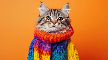 This captivating image features an adorable cat dressed in a vibrant knitted sweater against an orange backdrop, showcasing pet fashion at its best.の素材