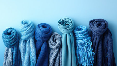 This image showcases a visually appealing array of blue scarves featuring a range of textures and styles. Ideal for winter fashion.の素材