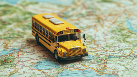 A vibrant miniature yellow school bus sits atop a detailed world map, symbolizing adventure and education while inviting viewers to explore new destinations.の素材