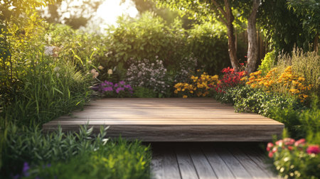 A serene garden scene featuring a wooden platform set amidst vibrant flowers and lush greenery, illuminated by gentle afternoon sunlight. Perfect for relaxation.の素材
