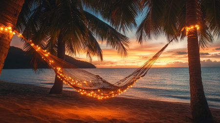 A breathtaking beach scene featuring a hammock adorned with twinkling lights, surrounded by vibrant palm trees and a stunning sunset backdrop, ideal for relaxation.の素材