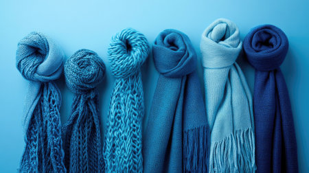A collection of soft blue scarves arranged elegantly on a light blue background, showcasing various textures and styles perfect for fashion or interior use.の素材