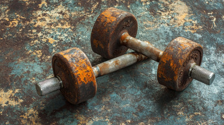 A pair of rusty dumbbells rests on a textured surface, capturing the essence of vintage fitness. The weathered look highlights aged metal and evokes a nostalgic workout atmosphere.の素材