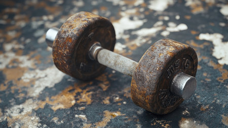 A close-up image of a rusty dumbbell resting on a distressed surface, symbolizing strength training and fitness commitment. Perfect for gym-related content.の素材