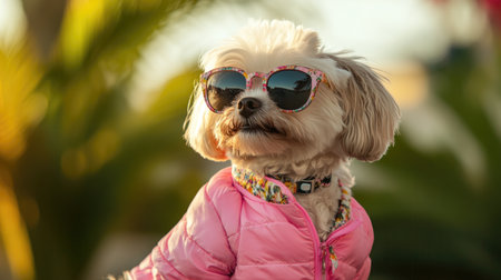 A fashionable dog wearing stylish sunglasses poses adorably against a sunny backdrop. The scene captures the essence of playful pet lifestyle and joy.の素材