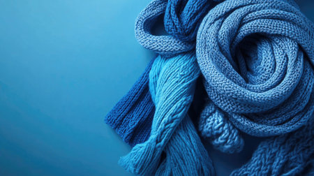 A charming display of various blue knitted scarves arranged artistically against a smooth blue background, perfect for winter fashion inspiration or cozy home decor.の素材