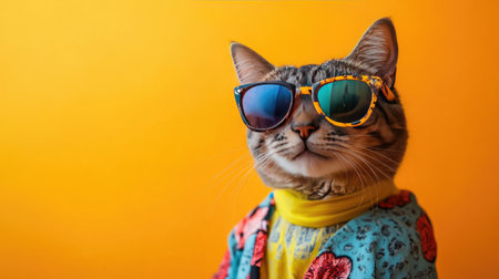 A stylish cat sports chic sunglasses and a vibrant outfit, exuding a playful charm against a bright orange backdrop, perfect for lifestyle themes.の素材
