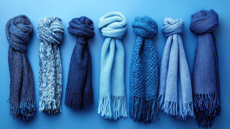 A visually appealing arrangement of seven soft scarves in varying shades of blue, each showcasing unique textures and styles, perfect for winter fashion.の素材