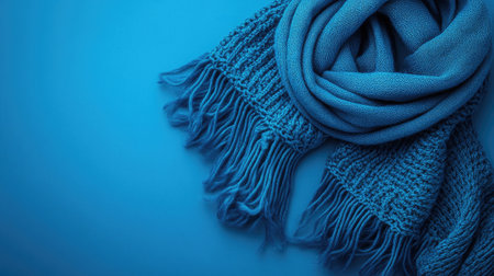 This image showcases a cozy blue scarf with fringes, elegantly laid out against a soft blue background. Perfect for autumn and winter fashion.の素材