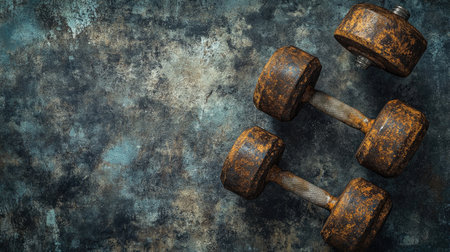 A close-up view of rusty dumbbells placed on a textured surface, symbolizing strength training, fitness lifestyle, and the dedication required for workouts.の素材