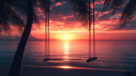 Experience the serene beauty of a captivating sunset over a tranquil ocean, with a swing hanging from a palm tree, creating an idyllic beach scene.の素材