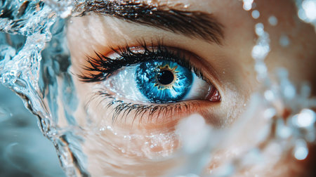 This captivating close-up photo showcases a striking blue eye surrounded by dynamic water splashes, creating an enchanting and serene atmosphere.の素材