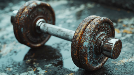 A close-up image of a rusty dumbbell laying on a wet surface, illustrating the neglect of gym equipment. The photo showcases the unique texture and details of aging metal, evoking feelings of resilience and determination.の素材