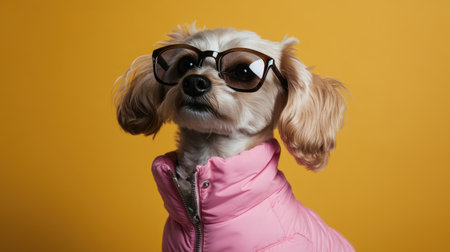 A charming small dog wearing oversized sunglasses and a stylish pink jacket poses confidently against a bright yellow background, exuding playful energy.の素材