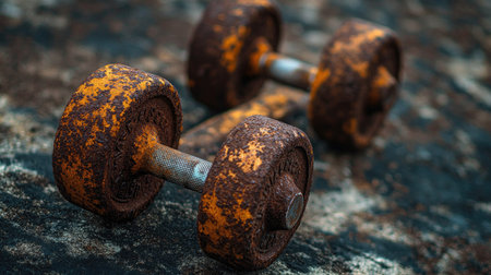 A pair of rusty dumbbells rests on a weathered surface, capturing the essence of neglect in fitness culture. This image evokes memories of intense workouts now forgotten.の素材