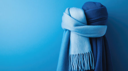 This image features two elegant scarves in soft blue and deep blue hues, creating a stylish and cozy vibe ideal for winter fashion themes.の素材