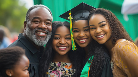 A vibrant graduation celebration featuring a diverse group of smiling individuals in academic attire. The scene captures happiness and togetherness, showcasing the joy of accomplishment.の素材
