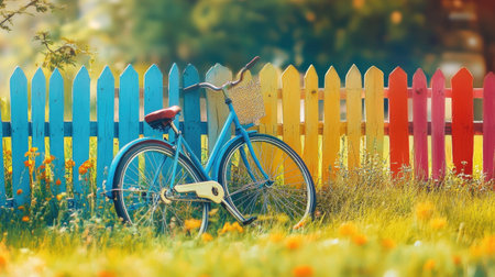 A charming vintage blue bicycle rests against a colorful wooden fence in a sunny meadow, surrounded by vibrant wildflowers that evoke feelings of nostalgia and peace.の素材