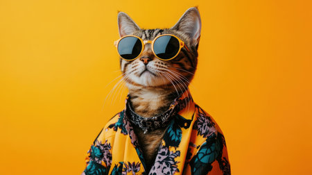 This whimsical image captures a stylish cat wearing sunglasses and a vibrant tropical shirt, exuding a cool and playful personality against a bright yellow background.の素材