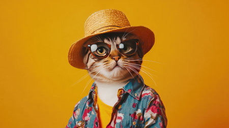 A charming cat wearing sunglasses and a straw hat, dressed in a colorful shirt, exudes a playful summer vibe against a bright yellow background.の素材