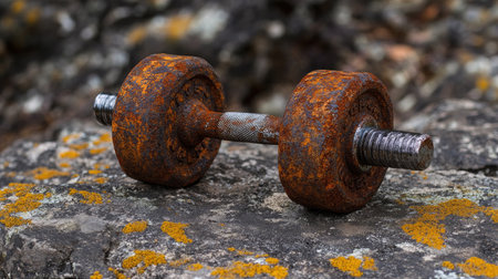 A weathered rusty dumbbell rests on a rocky surface, showcasing the passage of time. This image captures the essence of fitness intertwined with nature, perfect for inspiring and motivating a healthy lifestyle.の素材