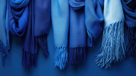 A visually appealing arrangement of different blue scarves hanging against a matching backdrop, showcasing textures and patterns perfect for fashion and dの素材
