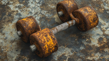 This image features a vintage rusty dumbbell resting on a weathered surface, highlighting the unique textures and wear that tell a story of fitness and perseverance.の素材