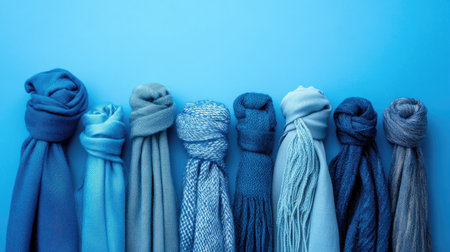 This image showcases an exquisite collection of blue toned scarves arranged on a vibrant blue background, highlighting their texture and design.の素材