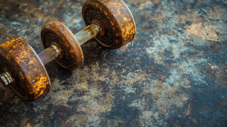 A rustic, rusty dumbbell rests on a textured surface, symbolizing strength and determination in fitness journeys. Ideal for gym enthusiasts and athletes.の素材