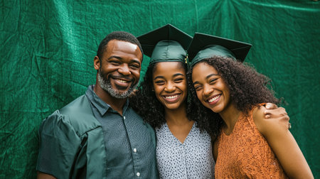 A heartwarming scene capturing a proud father with his two daughters on graduation day, showcasing joyful expressions and strong family bonds.の素材