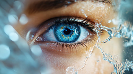 A striking close-up of an enchanting blue eye surrounded by dynamic, splashing water, showcasing emotion, beauty, and artistic flair in nature.の素材