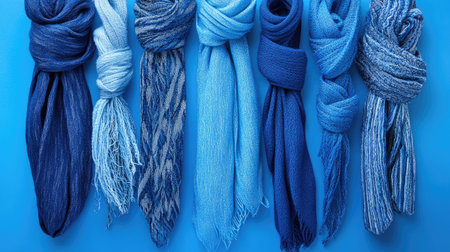 A beautiful arrangement of scarves in various shades of blue, set against a bright blue background, showcasing different textures and styles for fashion inspiration.の素材