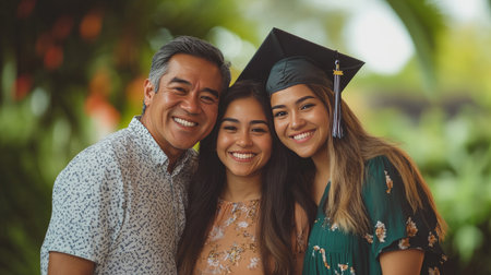 A joyful family celebrates a graduation with smiles and pride in a beautiful outdoor setting. The moment captures love and support amidst lush greenery.の素材