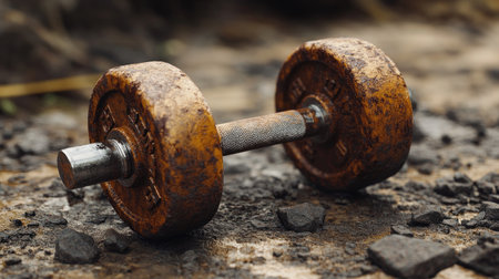 This image features a rusty dumbbell lying on a rough ground surface, surrounded by gravel, representing abandoned fitness efforts and neglected workout routines.の素材