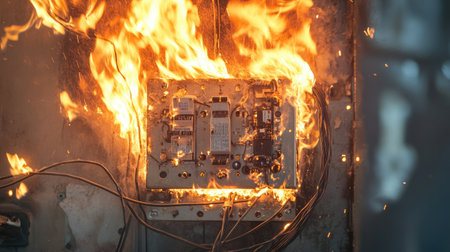 A dramatic scene depicting an electrical fire on a circuit board with intense flames and billowing smoke, emphasizing danger and safety risks.の素材
