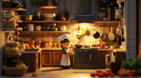 A vibrant kitchen scene featuring a cartoon chef joyfully preparing a fresh dish. The cozy atmosphere is highlighted by warm lighting and detailed kitchenware, evoking creativity and passion for cooking.の素材
