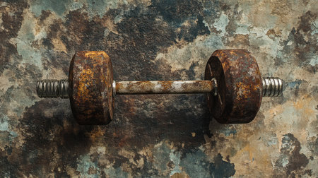 A closeup of a rusty dumbbell resting on a textured surface, symbolizing strength and perseverance, perfect for fitness and workout themes.の素材