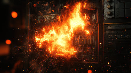 This striking image captures a dramatic moment of fire erupting from an electrical control panel, surrounded by flickering sparks. The vivid glow and chaos depict a serious hazard, underscoring the risks associated with electrical equipment.の素材