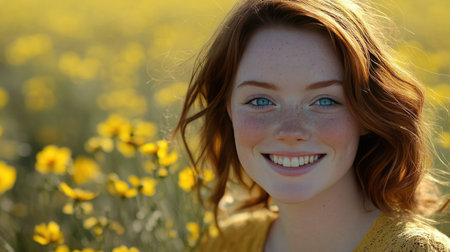 A radiant young woman with red hair smiles warmly in a vibrant field of yellow flowers, embodying joy and positivity on a sunny day.の素材
