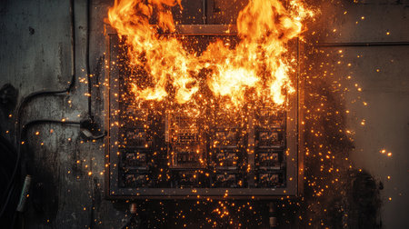 A dramatic scene capturing an electrical panel engulfed in flames and sparks, highlighting the dangers of electrical hazards in industrial settings.の素材