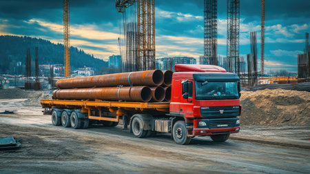 A bright red truck transports large steel pipes at a construction site, surrounded by cranes and dramatic skies, showcasing industrial activity.の素材