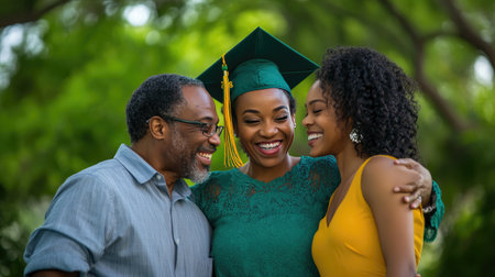 A heartwarming moment capturing a recent graduate celebrating with family in a lush green setting. The scene radiates joy, pride, and the significance of accomplishment.の素材