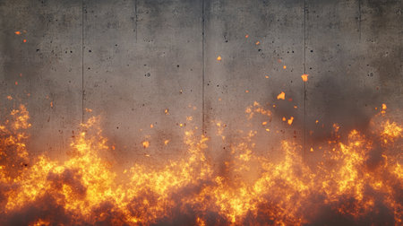 A striking abstract image featuring flames against a grey concrete wall, perfect for backgrounds in design, advertising, and artistic projects.の素材