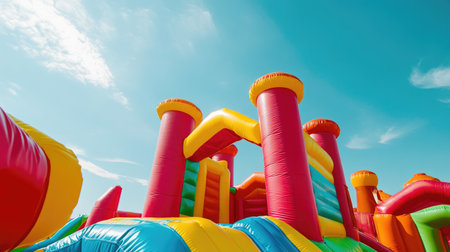 A vibrant inflatable bounce castle stands against a clear blue sky, providing endless fun and entertainment for children during outdoor events and parties.の素材
