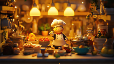 A charming cartoon chef stands in a warm and inviting kitchen, surrounded by fresh ingredients and thoughtful kitchenware, creating a delightful culinary atmosphere.の素材