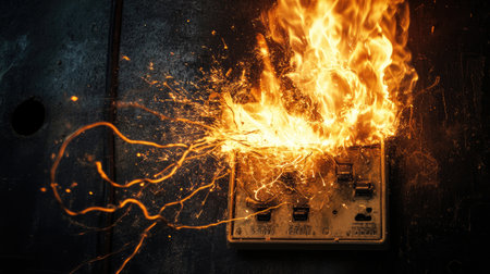 This powerful image showcases a fire erupting violently from an electrical outlet, with vibrant flames and sparks bursting out, set against a dark background.の素材