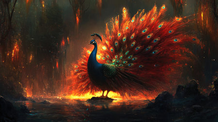 This stunning image showcases a peacock with vibrant plumage standing gracefully in a serene water setting, framed by a fiery background.の素材