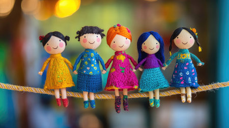 A delightful gathering of colorful handmade dolls, each featuring unique designs and cheerful expressions, perfect for bringing joy and creativity into any space.の素材