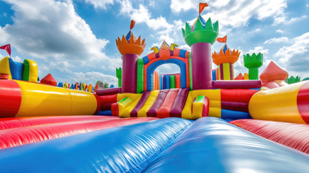This image showcases a vibrant inflatable castle with colorful features and slides, set against a backdrop of a blue sky and fluffy clouds, perfect for children's entertainment.の素材