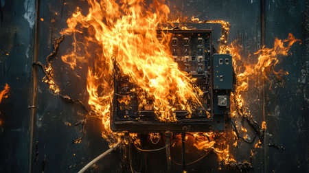 This striking image captures the dramatic moment of flames engulfing an electrical control panel, highlighting the dangers of fire and electrical hazards in an industrial setting.の素材